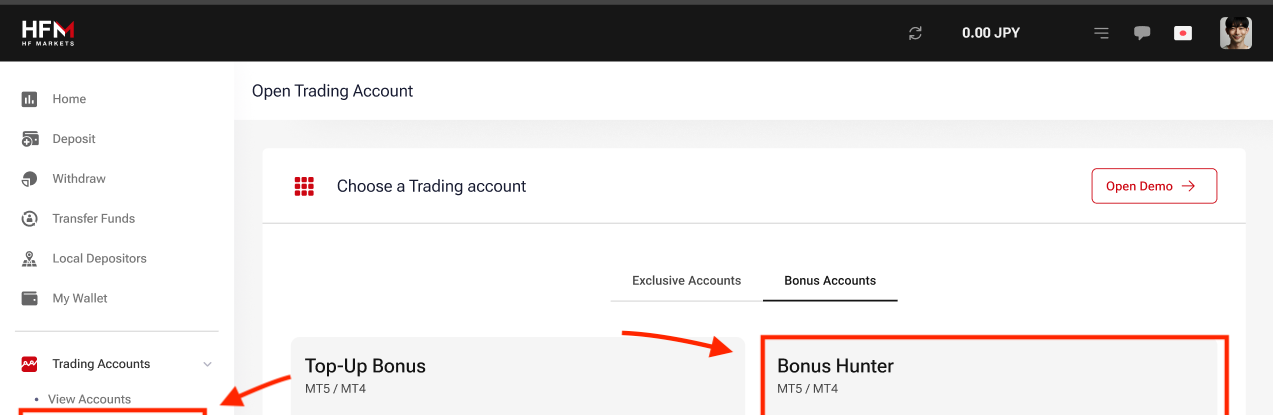 HFMのクライアントエリアで取引口座を開く画面。Bonus Accountsのタブにトップアップボーナスとボーナスハンターが並んでいる