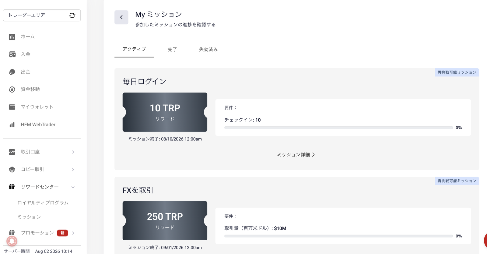 Myミッションのアクティブ一覧に毎日ログイン10TRPとFXを取引250TRPが並ぶ画面