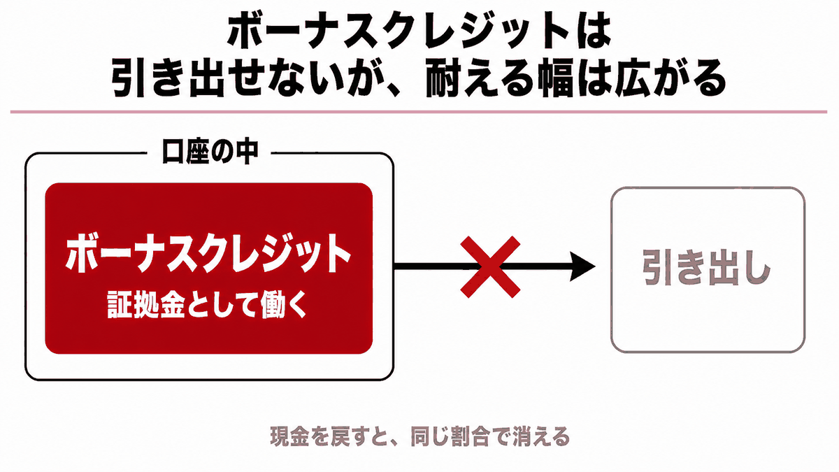 HFMの20%入金ボーナス|クレジットは出金できないが証拠金として働き、含み損を吸収する緩衝材になることを示した図